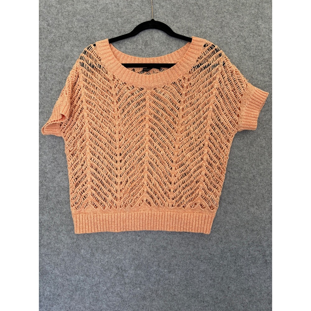Antonio Melani Womens Peach Open Knit Crochet Short Sleeve Sweater Med Fairy